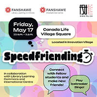 An illustration of six people looking happy. The Fanshawe Library Learning Commons logo, International Centre and FSU logos are shown. Text states: Speed Friending. In collaboration with Library Learning Commons and International Centre. Connect with fellow students and make new friends! Play icebreaker bingo!