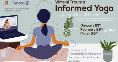 Illustration of a person in a yoga pose, while a laptop plays a video of someone also in a yoga pose. Illustrated plants are shown. Text states: Virtual Trauma Informed Yoga. Taught by Katlin Robinson. January 25, February 29, March 28
