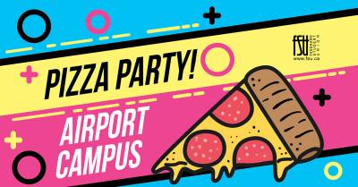 An illustration of a pizza. Text in the image states: Pizza Party. Airport Campus.