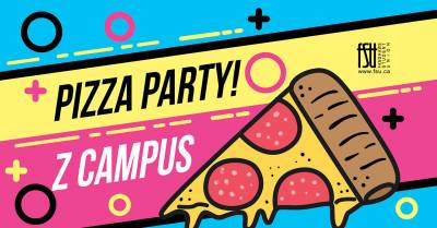 An illustration of a pizza. Text in the image states: Pizza Party. Z Campus.