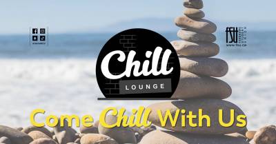 A tower of rocks is shown, as is the FSU and social media logos. Text states: Chill Lounge. Come chill with us.