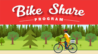 An illustration of someone riding a bike past trees. Text stating Bike Share Program is displayed.