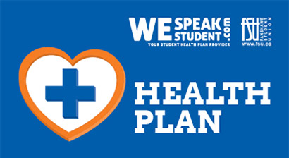 An illustration if a heart with a blue cross inside of it. Text stating Health Plan is shown. The logos for the Fanshawe Student Union and We Speak Student are also shown.