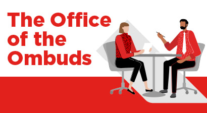 An llustration of two people at a desk speaking. The text displayed in the illustration states, The Office of the Ombuds