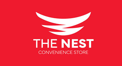 White stylized bird wings logo above the bold text THE NEST with CONVENIENCE STORE below on a red background.