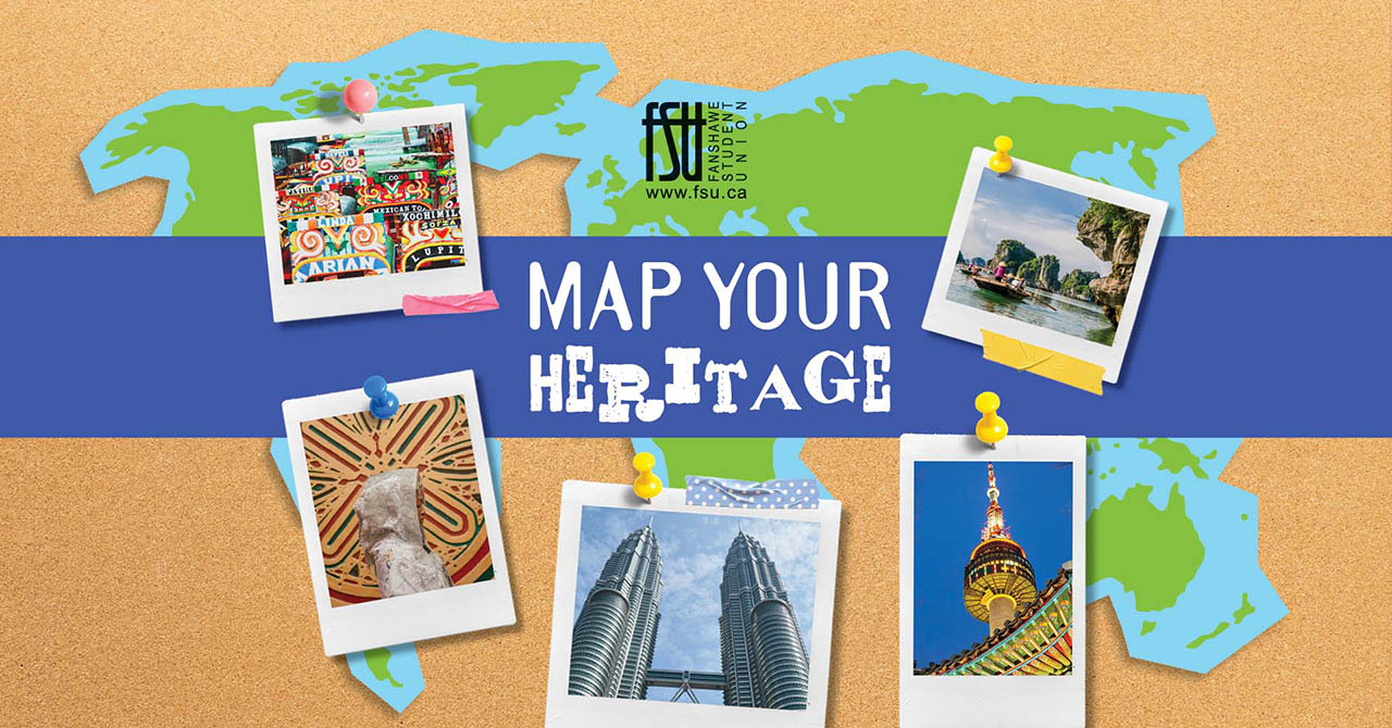 An illustration of a bulletin board with a map on it and four photos tacked to it. The FSU logo is also shown.