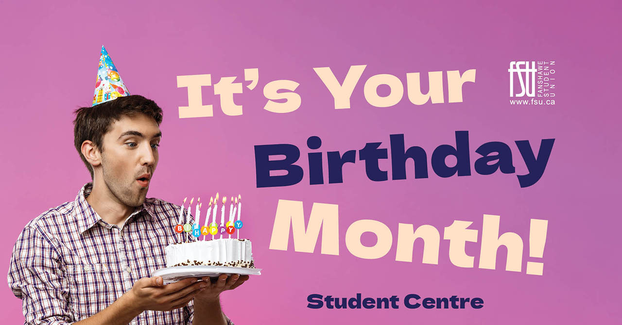 Photo of a man wearing a party hat and holding a cake with candles. Text includes: Is your birthday in January? Come get treats and all the warmest wishes from us! January Birthday Month! Wednesday, January 10.