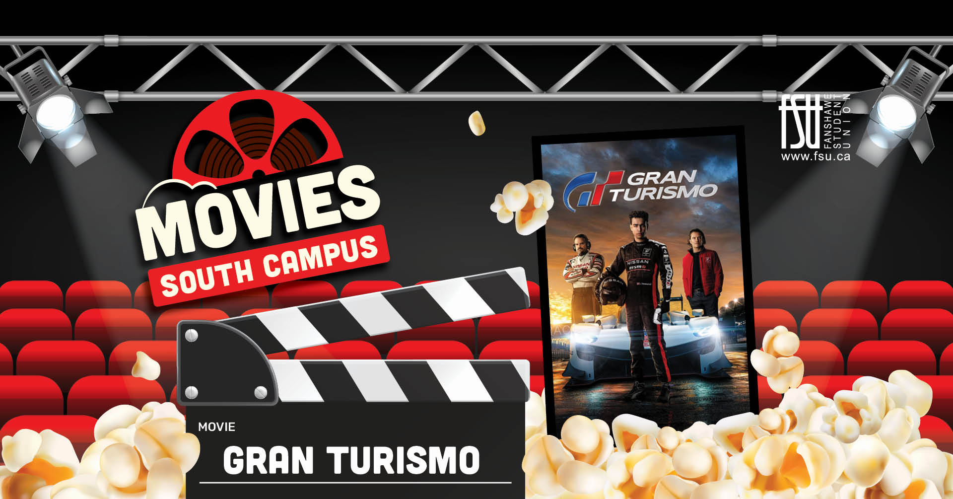 An image showing the Gran Turismo movie poster and an illustration of popcorn. Text states: FSU Movies. South Campus. Third Floor Lounge. Gran Turismo. January 25. 1 p.m. to 3 p.m.