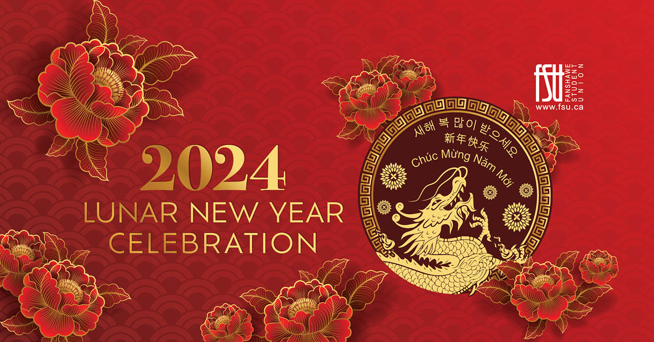 Image of a dragon illustration with red flowers surrounding it. The FSU logo is displayed. Text states: 2024 Lunar New Year Celebration.