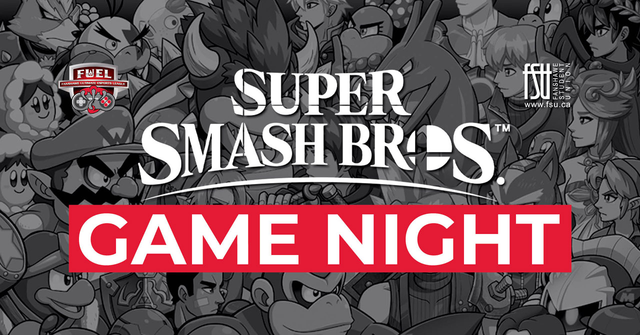 FSU and FUEL logos are shown. Text states: Super Smash Bros. game night. Characters from Smash Bros. game are shown.