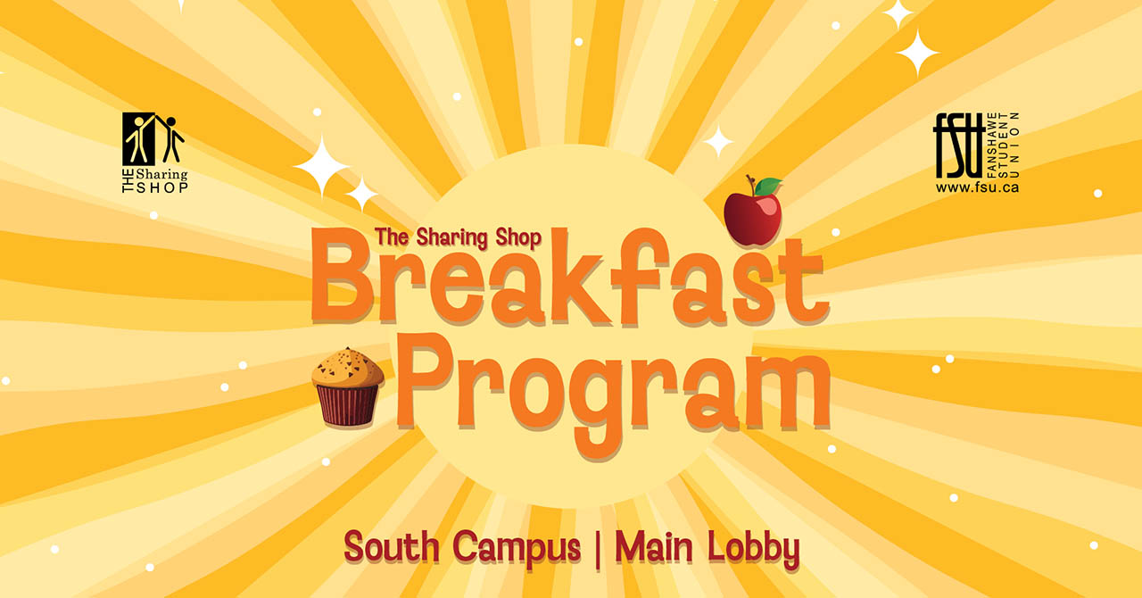 The FSU and The Sharing Shop logos are displayed. There are illustrations of an apple and a muffin. Text states: The Sharing Shop Breakfast Program. South Campus. Main lobby.