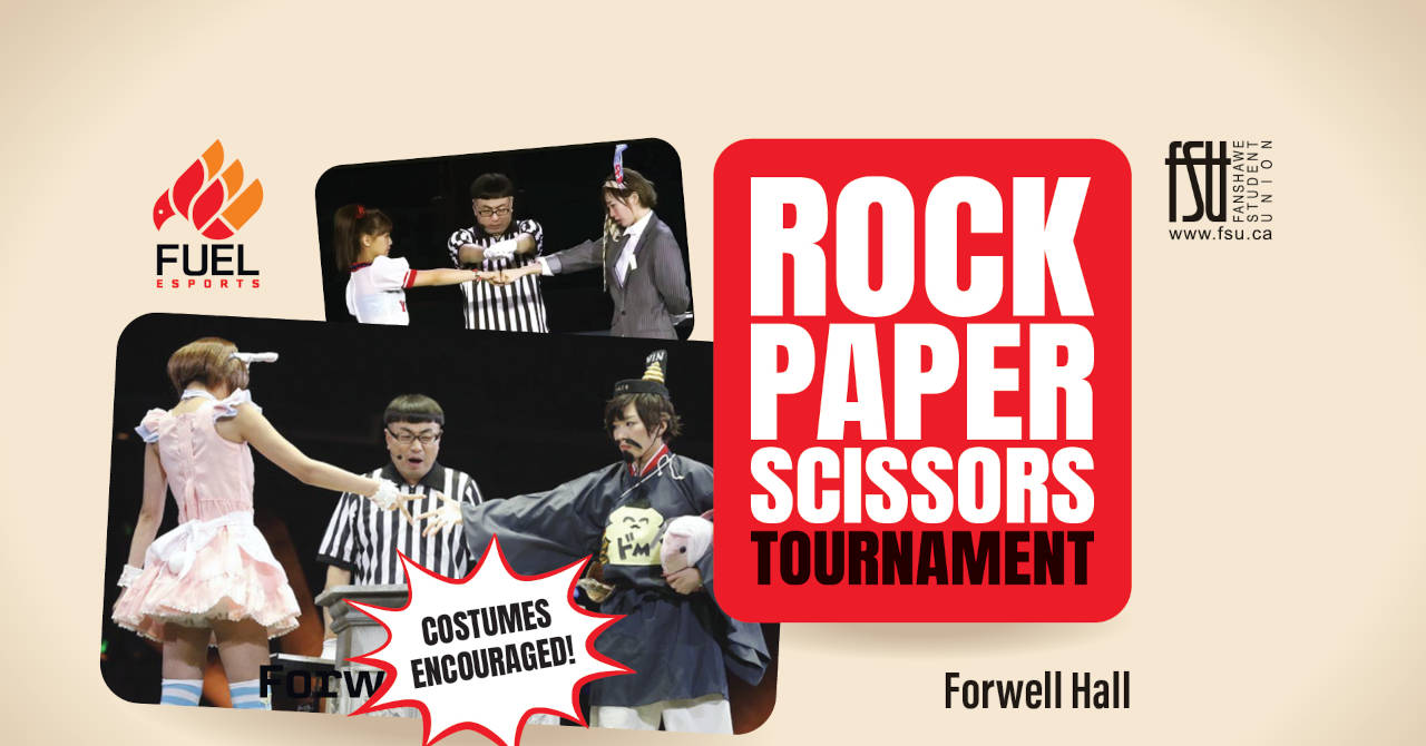 An image containing two photos of people dressed in costumes, competing in Rock, Paper, Scissors. The Fuel Esports and Fanshawe Student Union logos are shown. Text states Rock, Paper, Scissors Tournament.