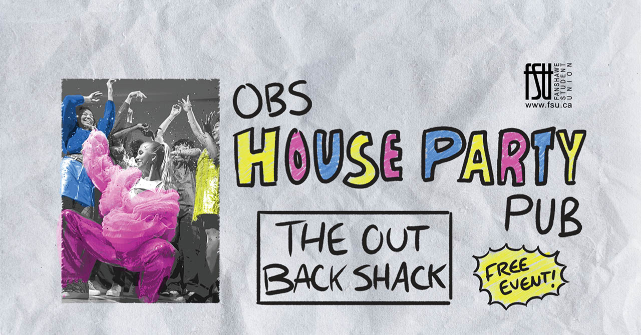 A photo of people dancing is shown. The FSU logo is displayed. Text states: OBS House Party Party. The Out Back Shack. Free event!