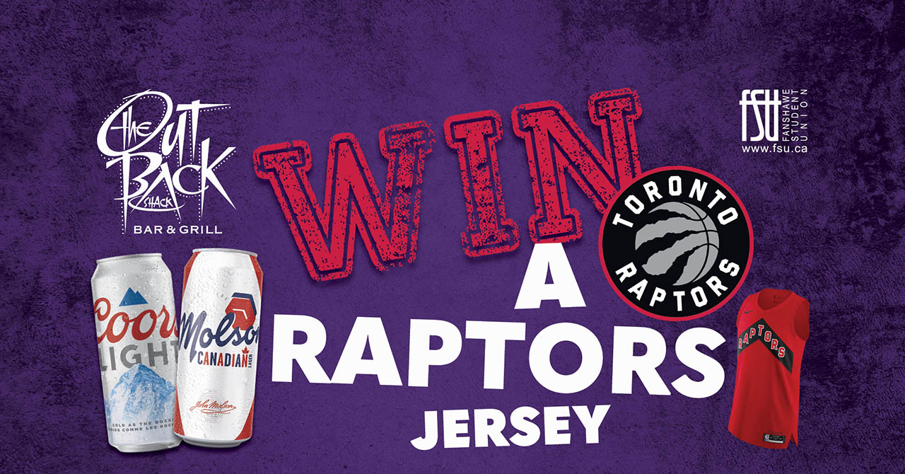 Logos for the FSU, The Out Back Shack and the Toronto Raptors are shown. Two Molson beer cans and a Raptors jersey are shown. Text states: Win a Raptors jersey.