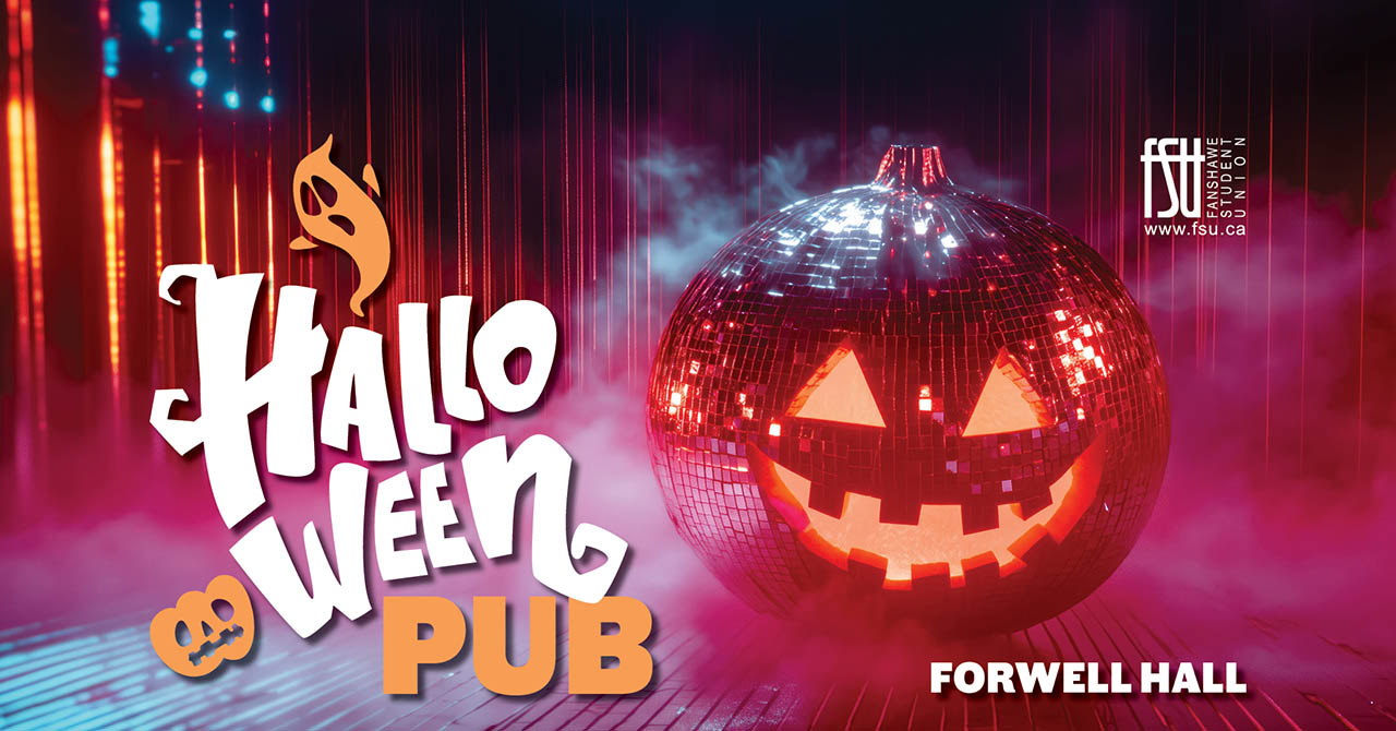 A photo of a jack-o-lantern with a disco pattern. There are Illustrations of ghosts. The FSU logo is shown. Text states: Halloween Pub. Forwell Hall.