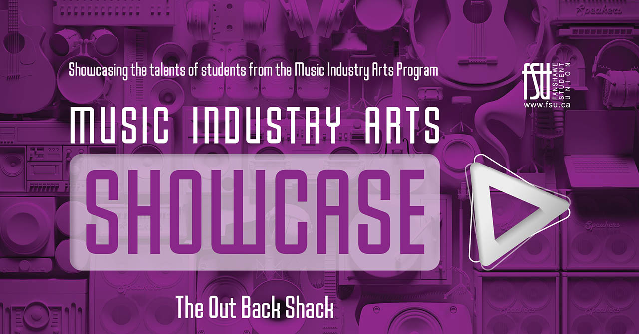An image with a purple background with musical instruments as part of the background. The FSU logo is shown. Text states: Music Industry Arts Showcase. The Out Back Shack.