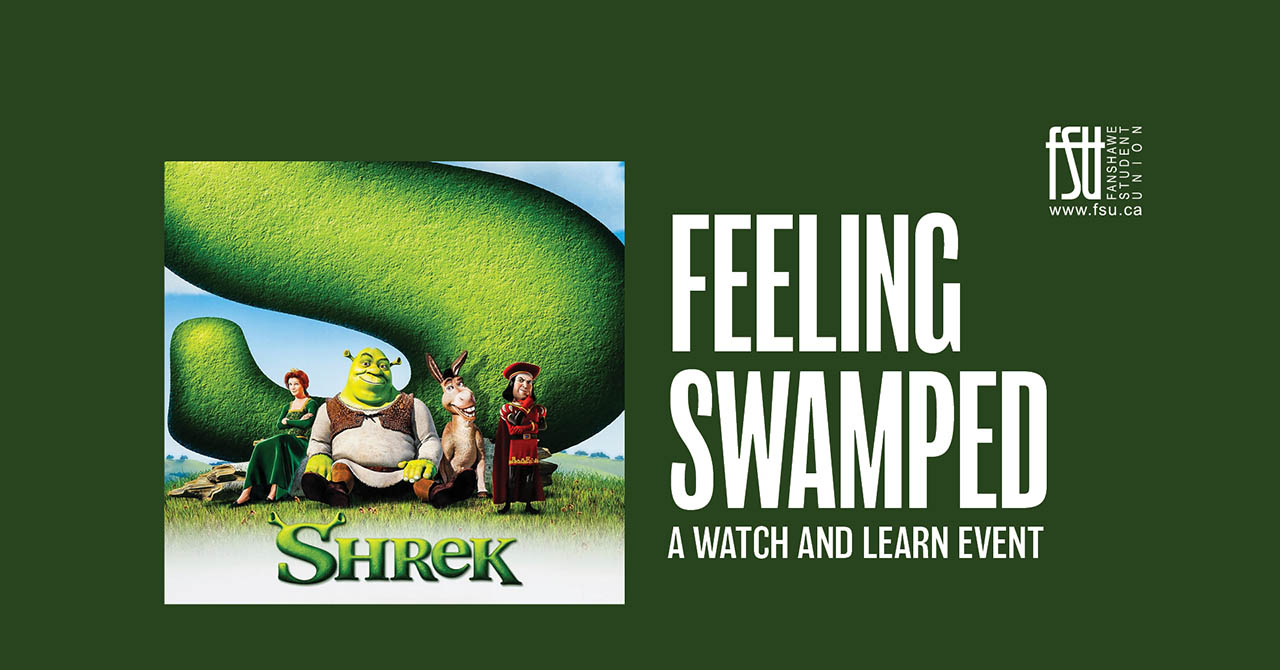 The poster for the movie Shrek is shown, as is the FSU logo. Text states: Feeling Swamped. A Watch and Learn event.
