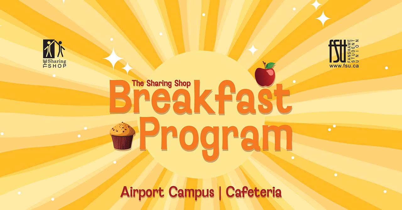 The FSU and The Sharing Shop logos are displayed. There are illustrations of an apple and a muffin. Text states: The Sharing Shop Breakfast Program. Airport Campus. Cafeteria.