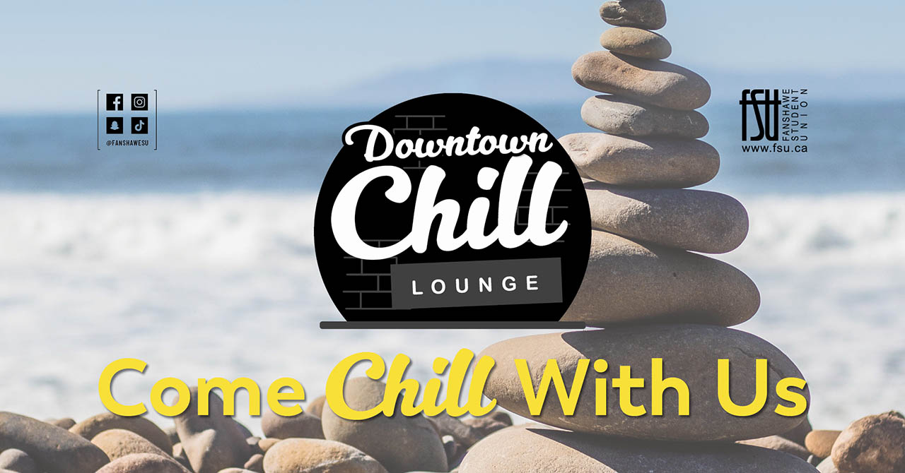 A tower of rocks is shown, as is the FSU and social media logos. Text states: Chill Lounge. Come chill with us.
