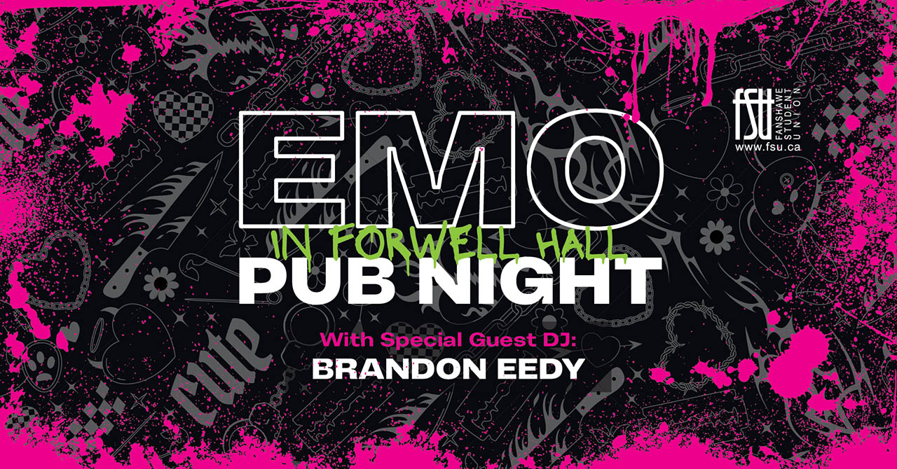 The FSU logo is shown. Text states: Emo Pub Night in Forwell Hall with special guest DJ Brandon Eedy.