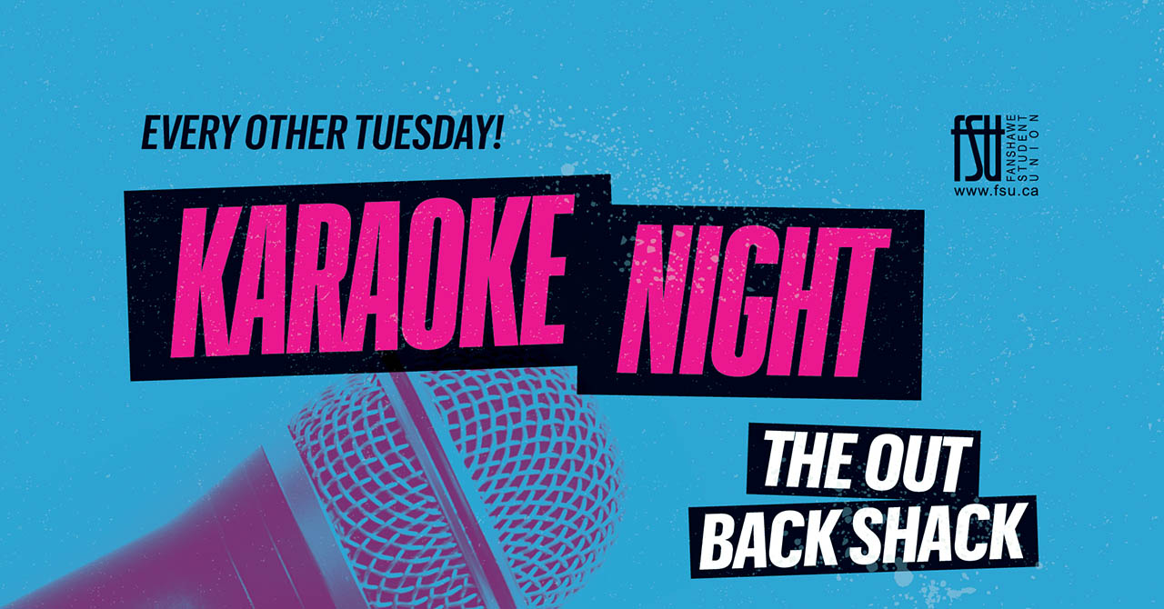 The FSU logo and a microphone are shown. Text states: Karaoke Night. Every other Tuesday. The Out Back Shack.