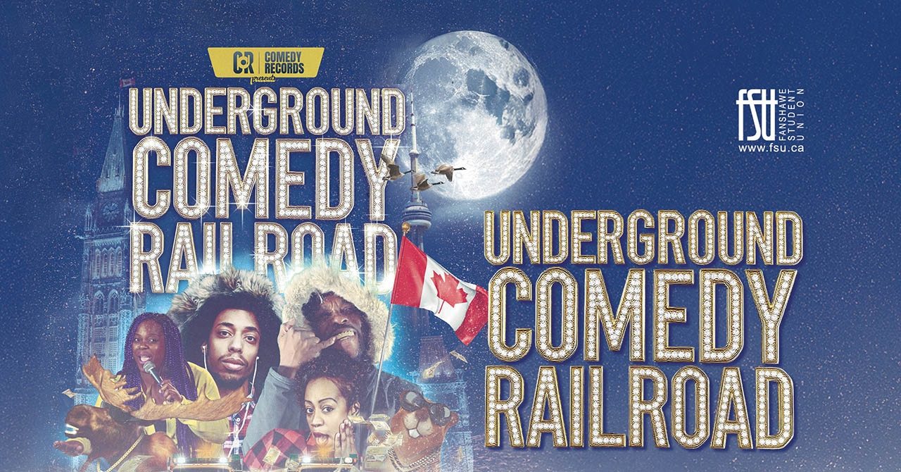 The FSU and Comedy Records logos are shown. Text states: Underground Comedy Railroad. Photos of four comedians are shown. There are also illustrations of a moose and a beaver, both wearing sunglasses.