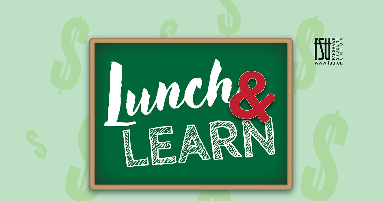 Illustration of a chalkboard with Lunch and Learn written on it. The FSU logo is also shown.