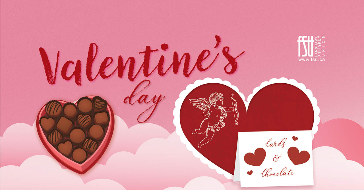 The FSU logo is shown. There are illustrations of a box of chocolates and a heart with cupid in it, plus a card. Text states: Valentine's Day