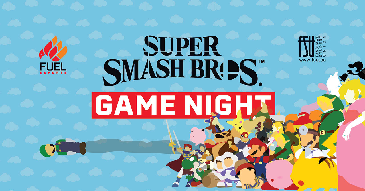 Fuel Esports, FSU and Super Smash Bros. logos are shown. Text states Game Night. Forwell Hall.