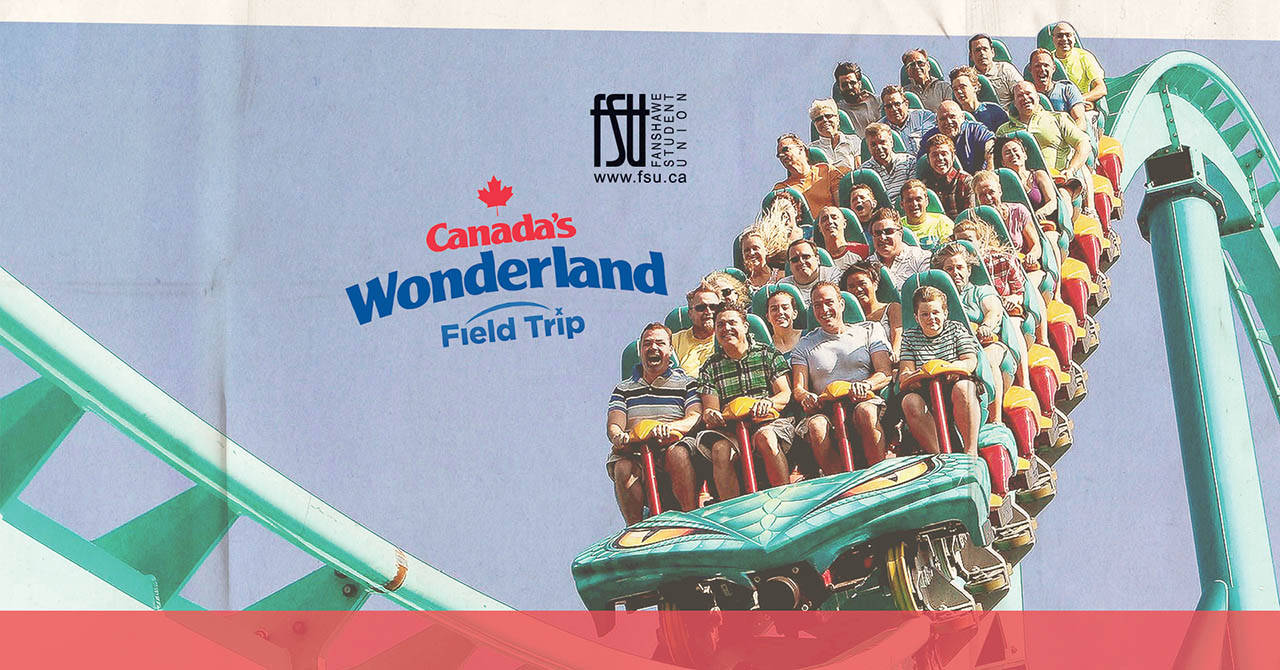 A photo of a large group of people on a rollercoaster. The FSU and Canada's Wonderland logos are shown, along with the word field trip.