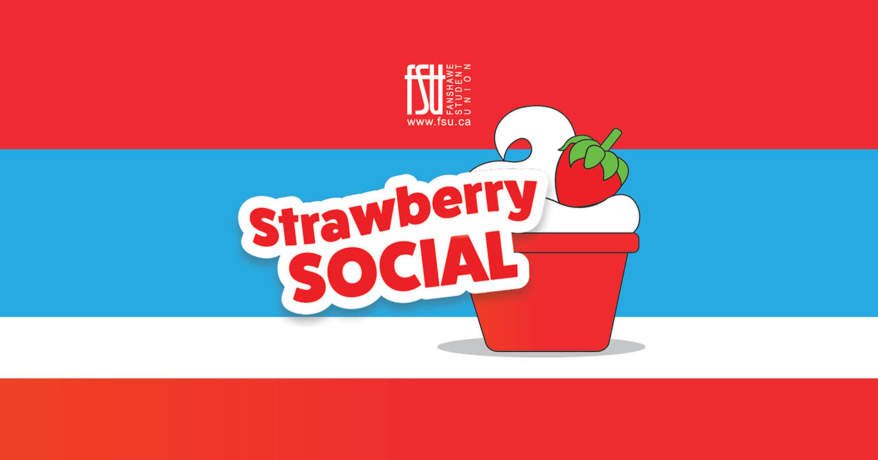 A red, white and blue background is shown. There is an illustration of ice cream with a strawberry on top. The FSU logo is displayed. Text states: Strawberry Social.