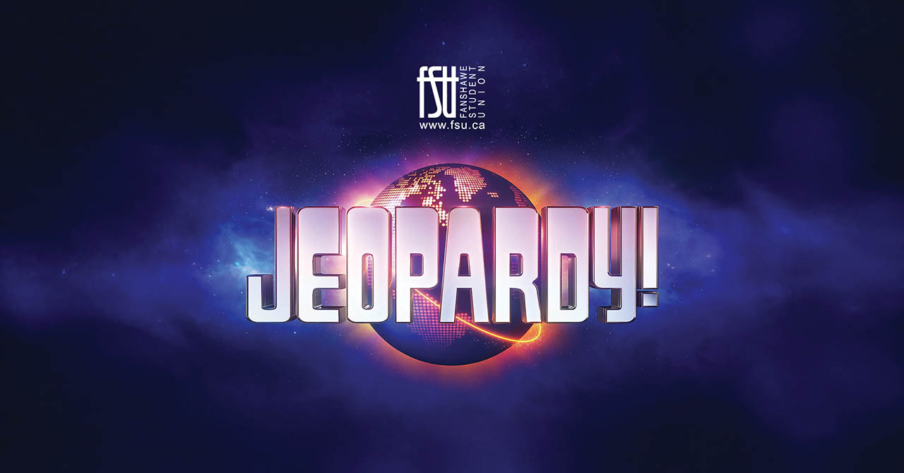 Promotional poster for a Jeopardy trivia event in the third-floor lounge at the Fanshawe College South Campus on July 23 from 2 p.m. to 4 p.m. with prizes to be won.