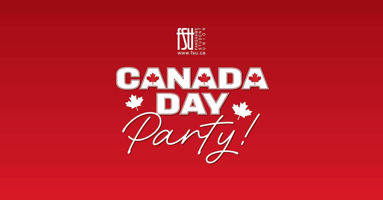 An image with a red background. The FSU logo is shown. White text states: Canada Day Party