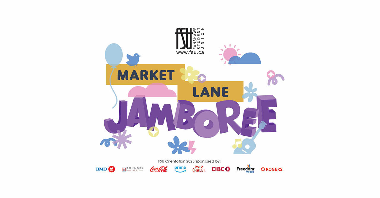 Colourful Market Lane Jamboree logo with playful letters, balloons, flowers, and musical notes, sponsored by major brands for FSU Orientation 2025.