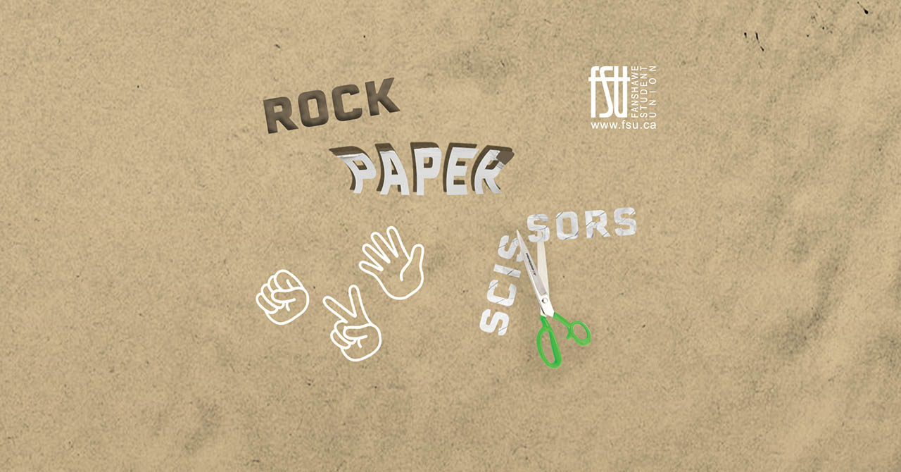 Illustration of the rock-paper-scissors game with stylized text and hand symbols on a textured beige background.