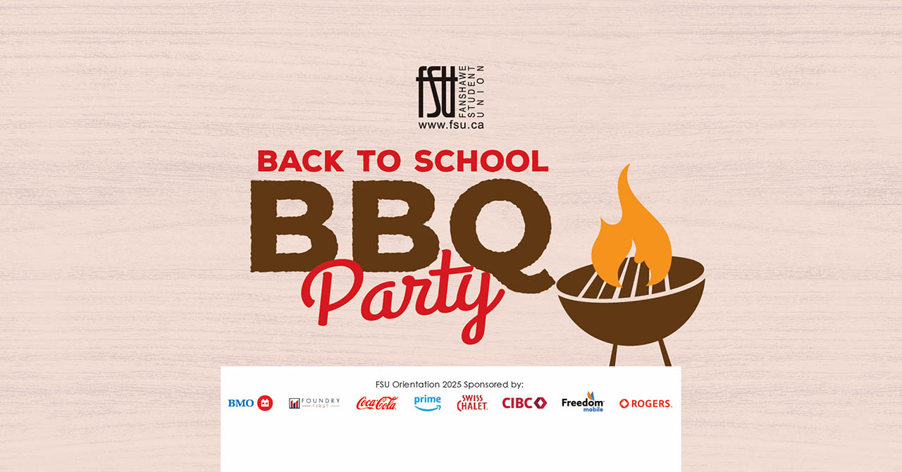 Fanshawe Student Union Back to School BBQ Party announcement with a flaming grill graphic on a light wood background.