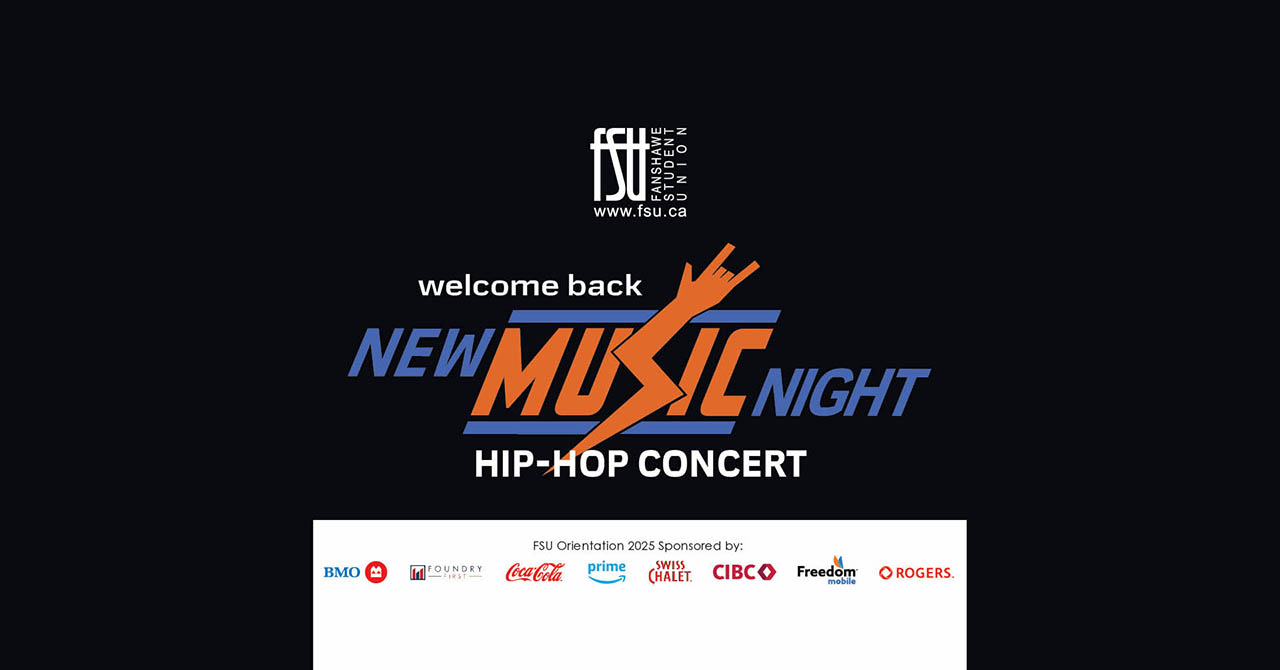 Fanshawe Student Union welcomes back students to a New Music Night hip-hop concert with a bold orange and blue logo on black background.