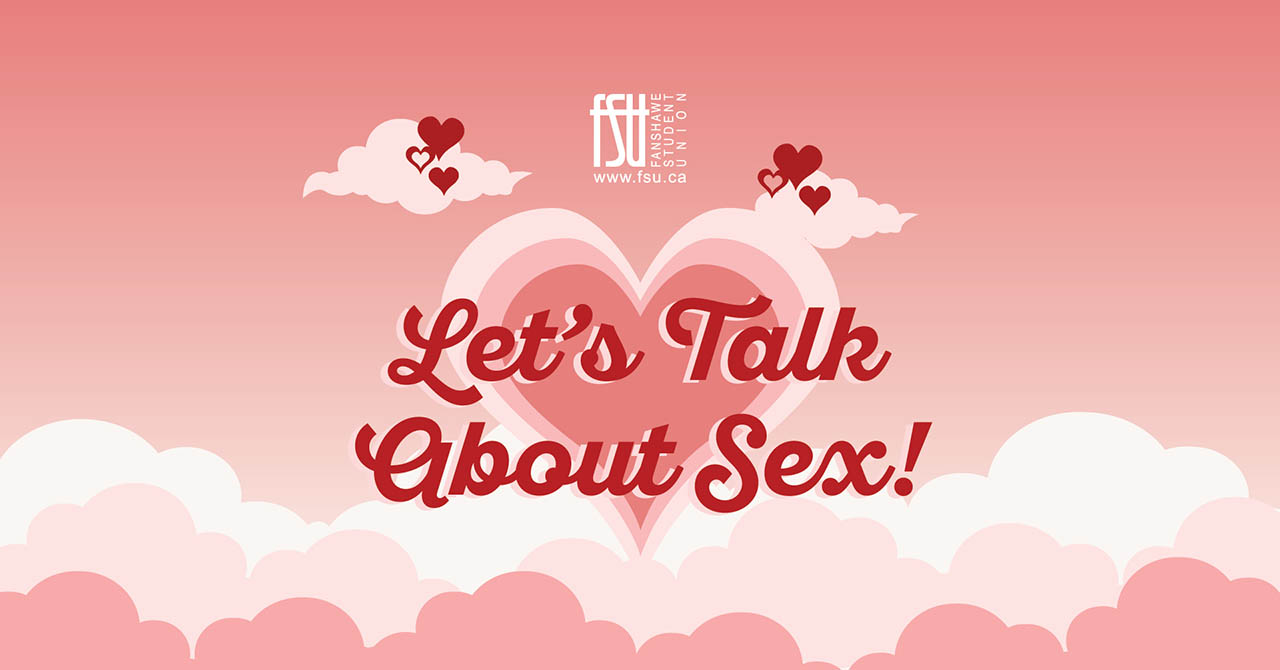 Pink gradient background with white clouds and red hearts surrounding the bold text Let's Talk About Sex!
