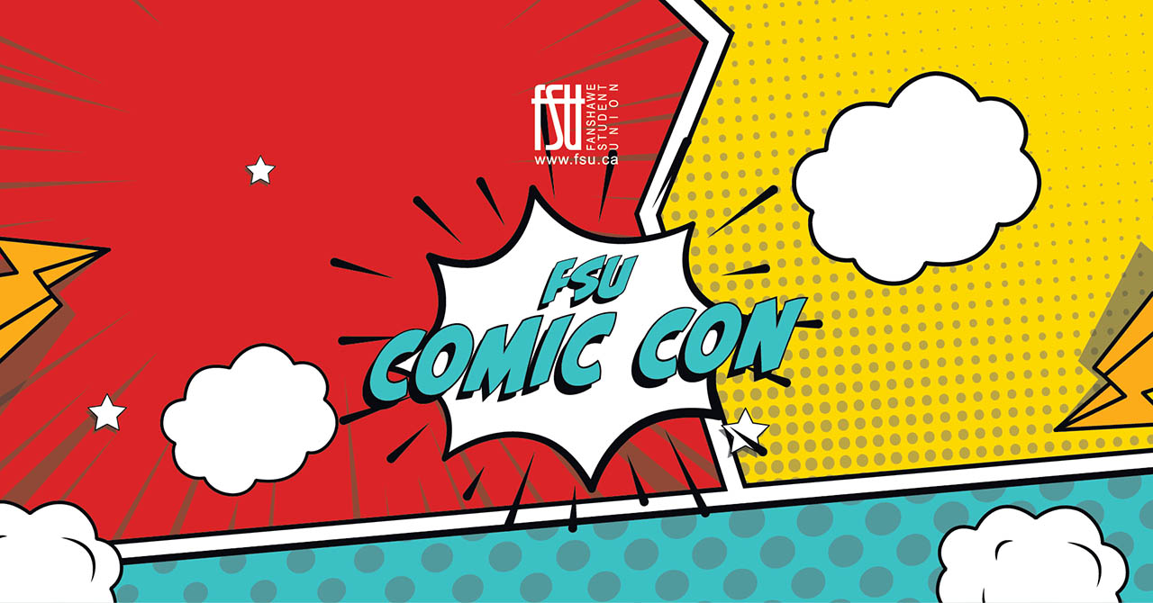 Colourful comic book-style background with red, yellow, and blue panels featuring FSU Comic Con text in bold turquoise letters.