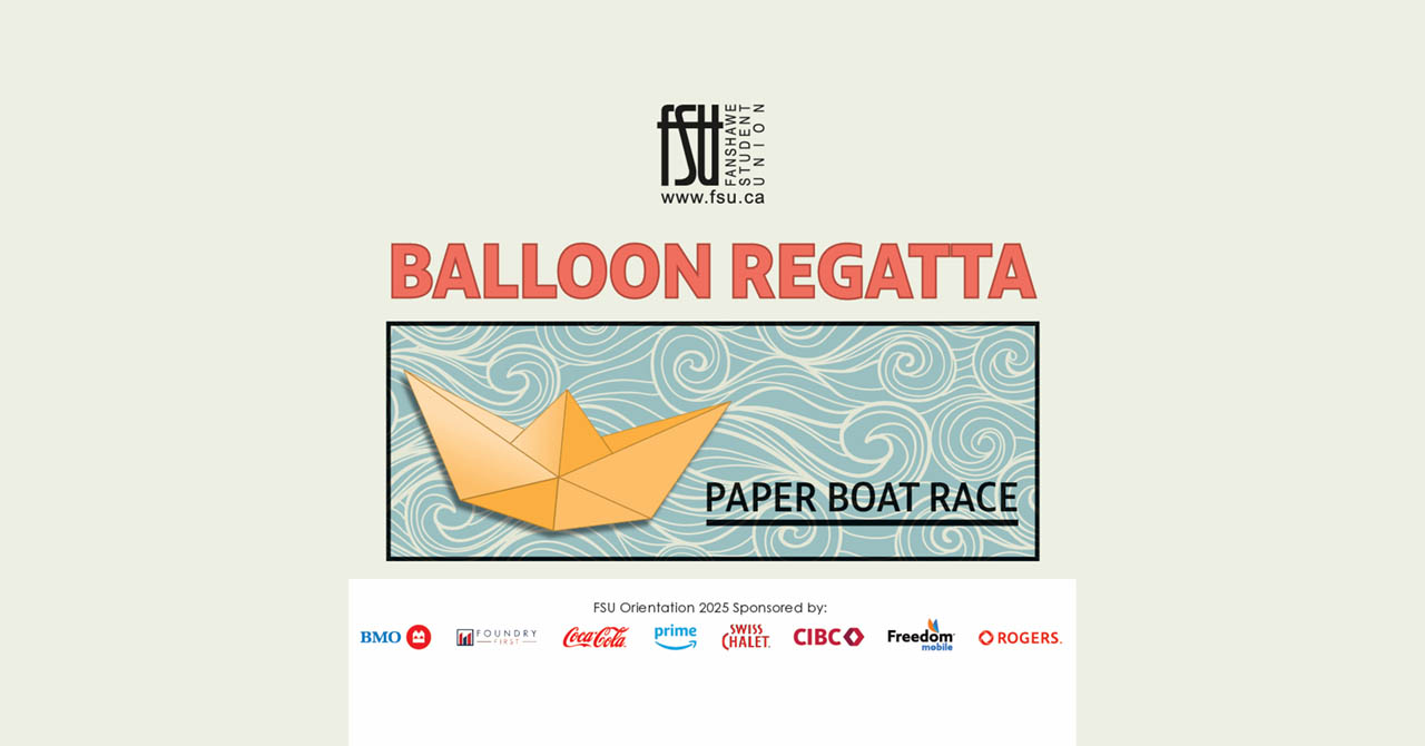 Fanshawe Student Union Balloon Regatta event featuring a paper boat race with a stylized orange paper boat on a swirling blue background.