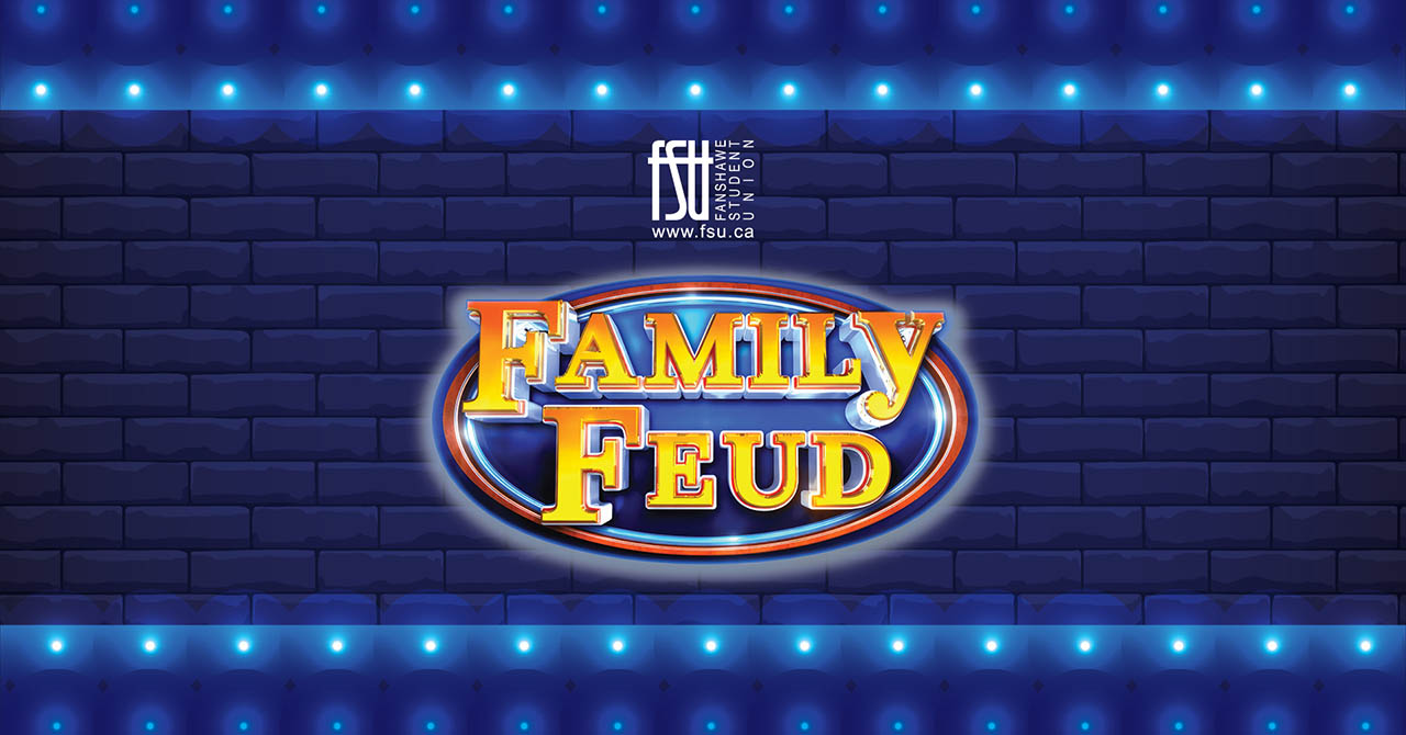 Bright yellow and orange Family Feud logo glowing against a dark blue brick wall with blue stage lights above and below.
