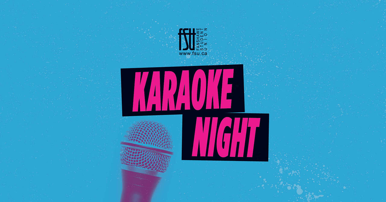 Microphone image with bold pink text reading Karaoke Night on a blue textured background, promoting a singing event.