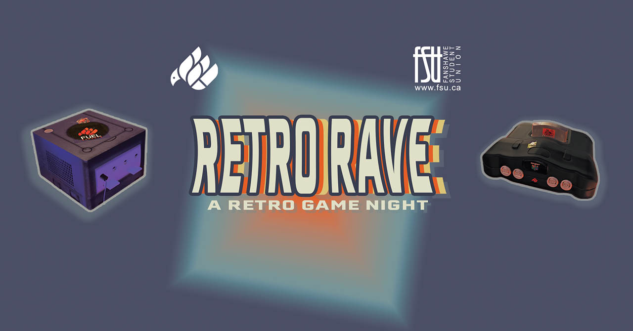 Retro Rave event banner featuring a Nintendo GameCube and Nintendo 64 console on a blue gradient background.