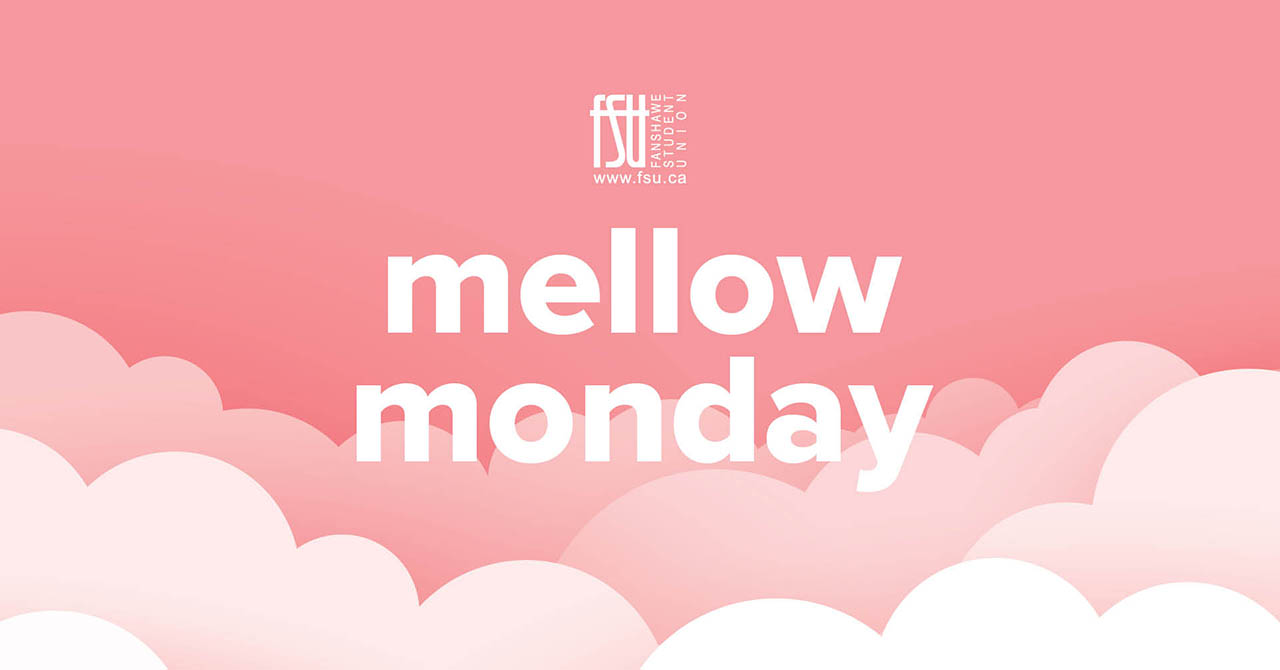Soft pink clouds fill the background with bold white text reading mellow monday centered in the image.