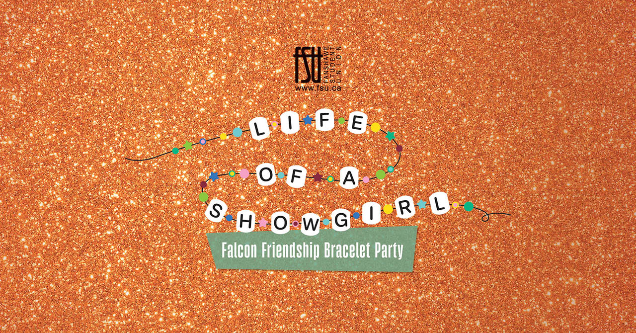 Colourful beaded bracelet spelling Life of a Showgirl on a sparkling orange background with Falcon Friendship Bracelet Party text.