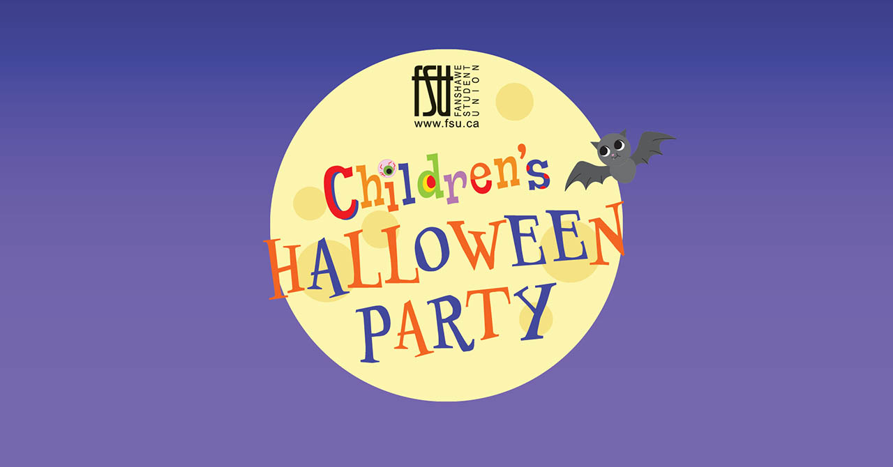 Colourful text reading Children's Halloween Party over a large yellow moon with a cute cartoon bat flying nearby against a purple night sky.