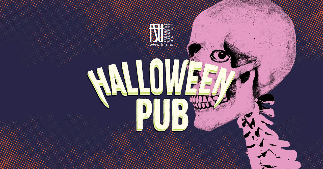 Halloween Pub event poster with a pink skull illustration, promoting a party on Thursday, October 30 at 8:00 p.m. in Forwell Hall with prizes for best costume.