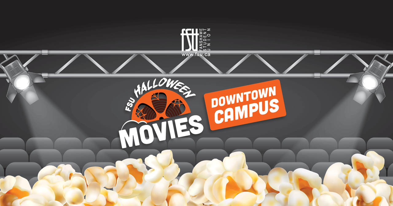 FSU Halloween Movies event promotion at Downtown Campus with popcorn and theater spotlights in the background.