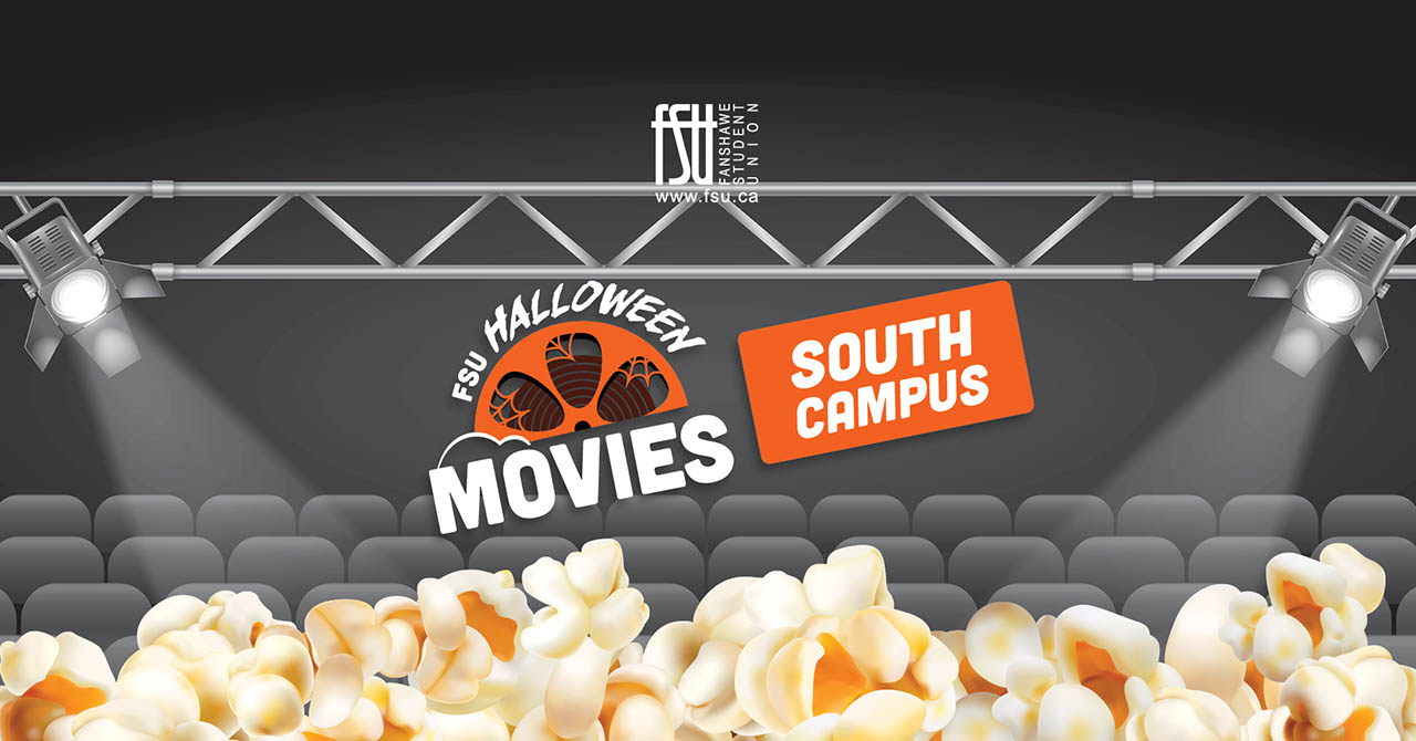FSU Halloween Movies event promotion with popcorn and theater seats under spotlights at South Campus.