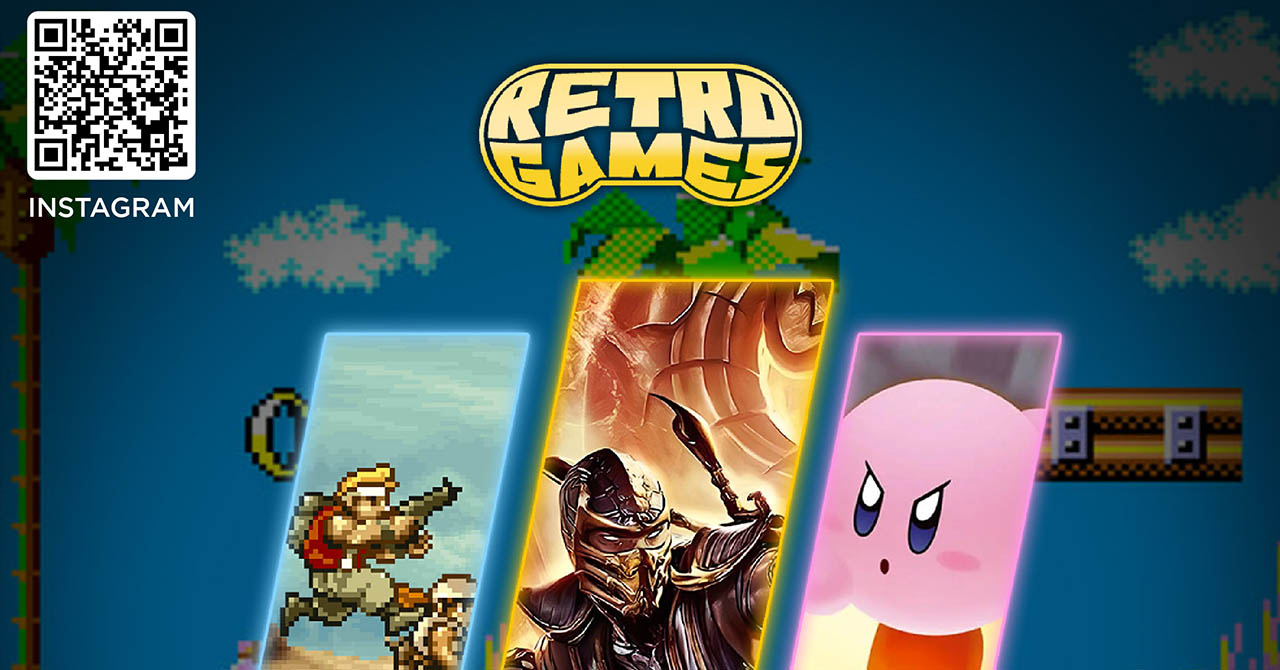 Three vertical panels showcase classic video game characters: a pixelated soldier, a fantasy warrior, and a pink cartoon figure, set against a retro game background.